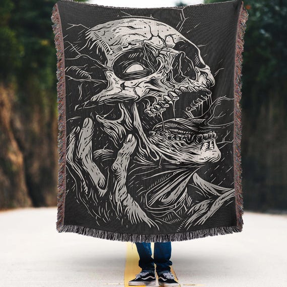Sugar Skull Woven Blanket: Halloween Tapestry, Dark Academia Decor