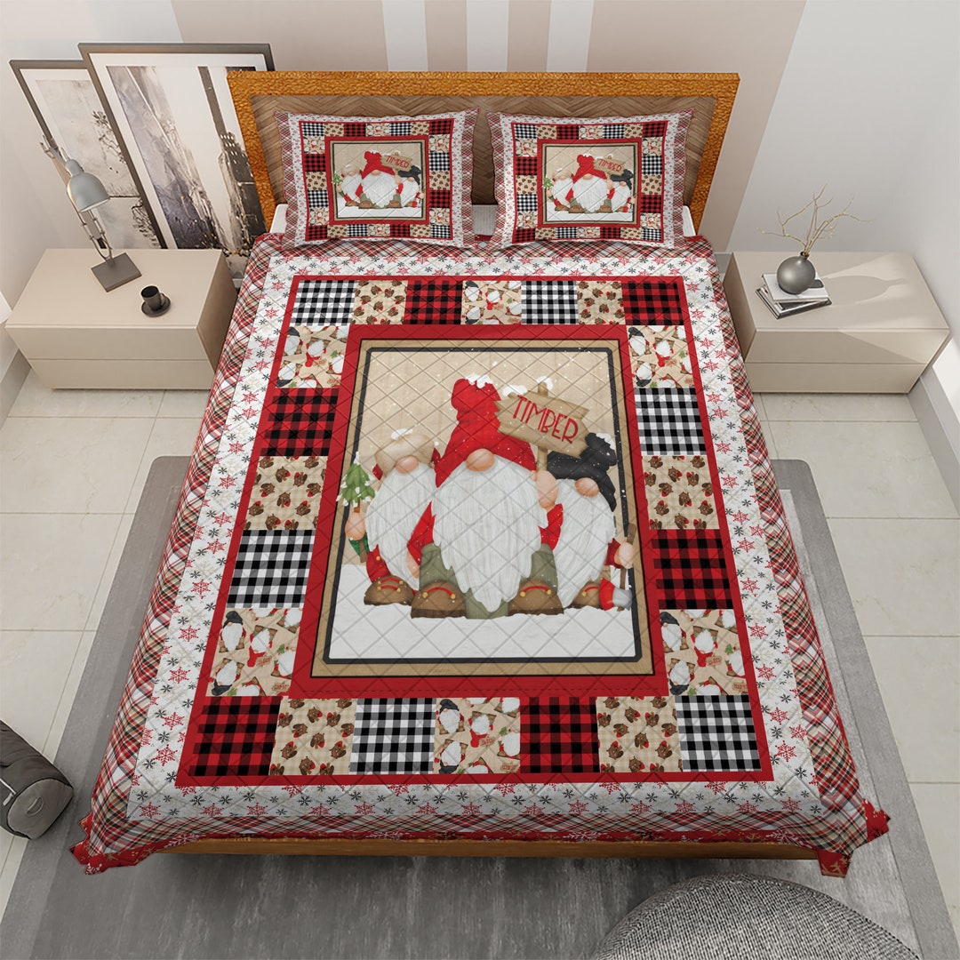Vintage Gnomes Christmas Quilt Bedding Set, Retro Timber Gnomies Quilt Blanket, Christmas Home