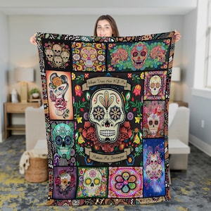 Retro Sugar Skull Halloween Woven Blanket, Floral Skull Woven Throw Tapestry, Day of the Dead Cotton Blanket, Halloween House Wall Decor
