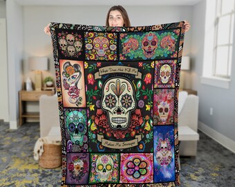 Retro Sugar Skull Halloween Woven Blanket, Floral Skull Woven Throw Tapestry, Day of the Dead Cotton Blanket, Halloween House Wall Decor