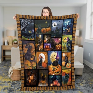 Vintage Spooky Season Cat Halloween Woven Blanket, Black Cat Woven Wall Tapestry, Black Witch Cat Cotton Blanket, Halloween House Decoration