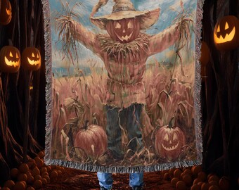 Vintage Halloween Woven Throw Blanket: Spooky Pumpkin Jack-o'-lantern Tapestry
