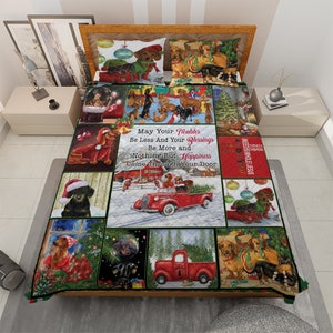 Vintage Dachshund Christmas Quilt Bedding Set: Red Truck Decor