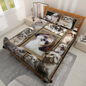 Vintage Shih Tzu  Dog Quilt Bedding set, Cute Dog Quilt Blanket, Christmas Home Decoration, Christmas Gift for Shih Tzu  Dog lover