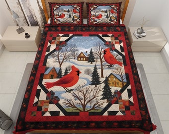 Retro Cardinal Bird Christmas Quilt Bedding Set, Vintage Christmas House Decoration Quilt Blanket, Christmas Gift, Christmas Home decor