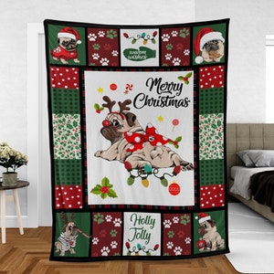 Christmas Pug Dog Throw Blanket: Woven Cotton Blend Tapestry