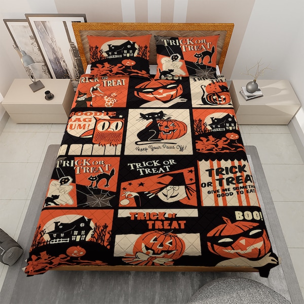 Vintage Spooky Season Pumpkin Halloween Bedding set, Vintage Pumpkin Jack-o'-lantern Quilt Blanket, Vintage Halloween Decor, Halloween gifts