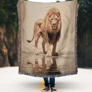Vintage Lion on the River Woven Throw Blanket, Retro Lion Woven Cotton Wall Tapestry, Hippie Style Lion Cottagecore Decor, Christmas Blanket