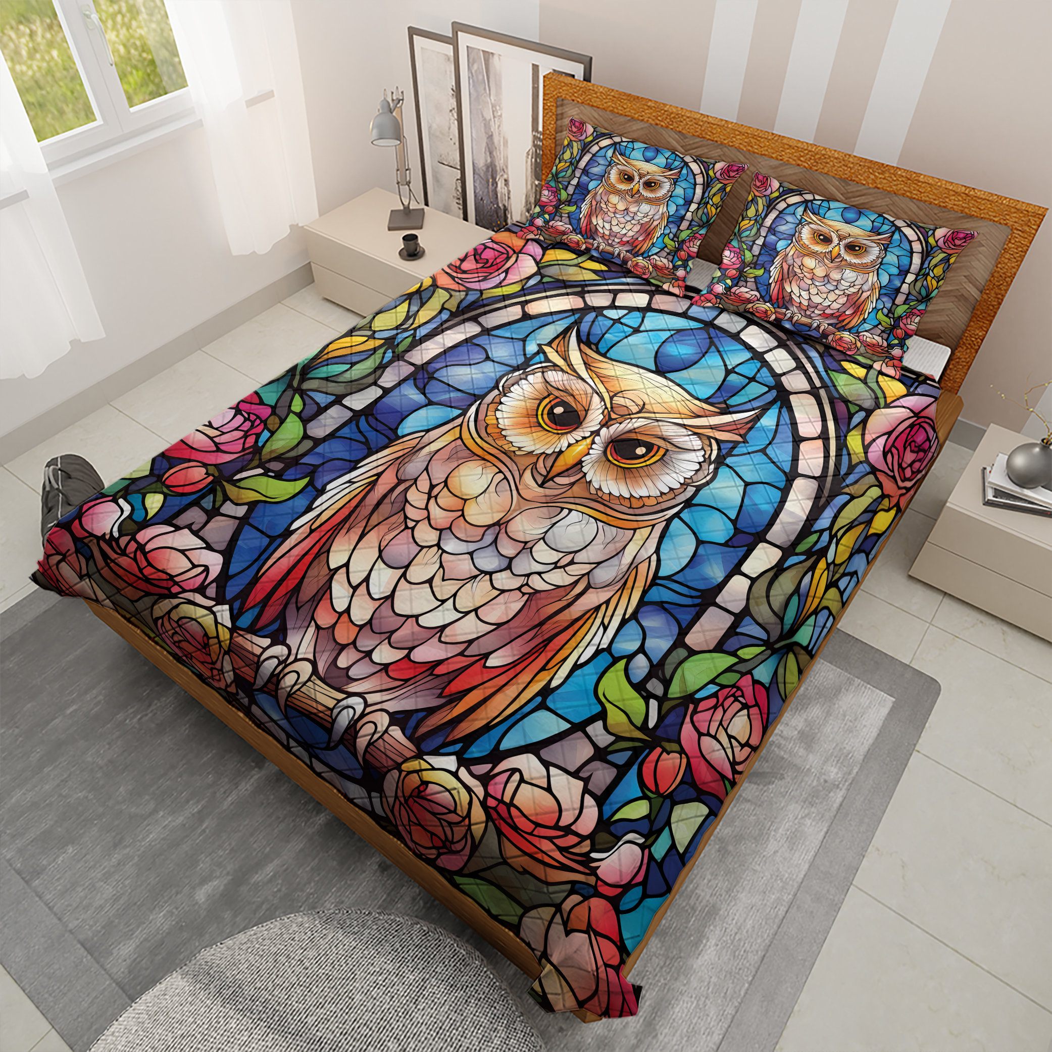 Colorful Awesome Owl With Flowers Quilt Bedding Set Cute Owls Quilt Blanket Halloween Gift Halloween Decoration Gift for Owl Lover Etsy