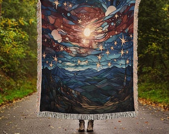 Geweven deken Starry Night Mountain: Galaxy Art Tapestry
