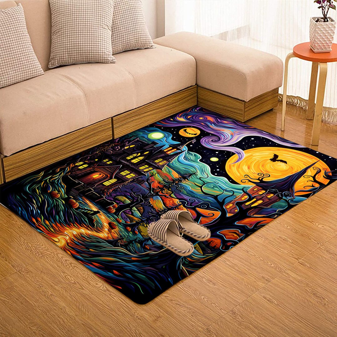 Retro Haunted House Spooky Season Halloween Rectangle Rug, Jack-o ...