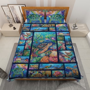 Homewish Sea Turtle Comforter Set Twin Size Ocean Animal Theme Bedding Set 2pcs for Kids Boys Girls Watercolor Turtle Duvet Insert Soft Microfiber