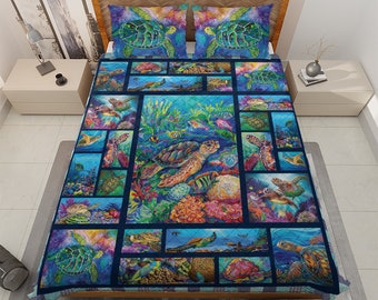 Sea Turtle Quilt Bedding Set: Vintage Undersea Blanket