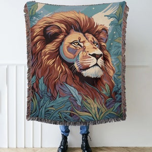 Hippie Style Lion Woven Throw Blanket, Retro Lion Woven Wall Tapestry, Boho Lion Cottagecore Home Decor, Christmas Gift for lion lover