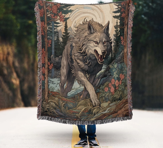 Vintage Gray Wolf Woven Throw Blanket, Forest Wolf Woven