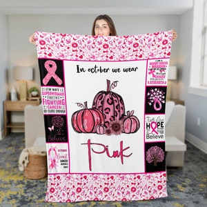 Pink Pumpkin In October We were Pink Halloween Throw Blanket, Breast Cancer Awareness Blanket, Halloween Gifts for her, Halloween Home Decor