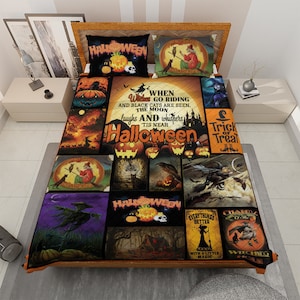 Vintage Witch Halloween Quilt Bedding set, Retro Trick or treat Quilt Blanket, Halloween Decor, Halloween Gift, When witch go riding blanket