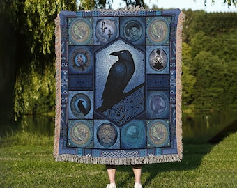 Raven Woven Throw Blanket: Gothic Viking Bird Tapestry