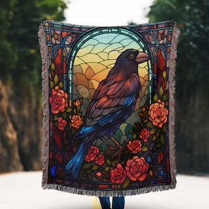 Gotische raven geweven deken: katoenen tapijt met vogels en bloemen