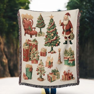Santa Claus Christmas Trees Gifts Blanket, Woven Cotton Blanket, Wall Tapestry for Christmas, Winter Decor, Gift for Him Her Mom Dad