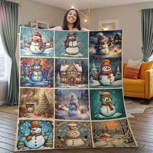 Vintage Snowman Patchwork Christmas Quilt Bedding Set, Retro Snowman Quilt Blanket, Christmas New year Gift, Christmas Home Decor