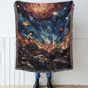 Starry Night Sky Woven Throw Blanket: Hippie Moon Art Tapestry