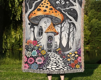 Mushroom House Woven Throw Blanket: Floral Cottagecore Tapestry