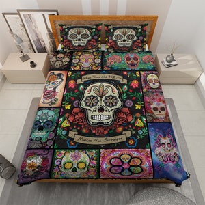 Vintage Sugar Skull Halloween Quilt Juego de ropa de cama, Retro Truco o trato Manta de edredón, Decoración de Halloween, Lo que no me mata Manta de calavera