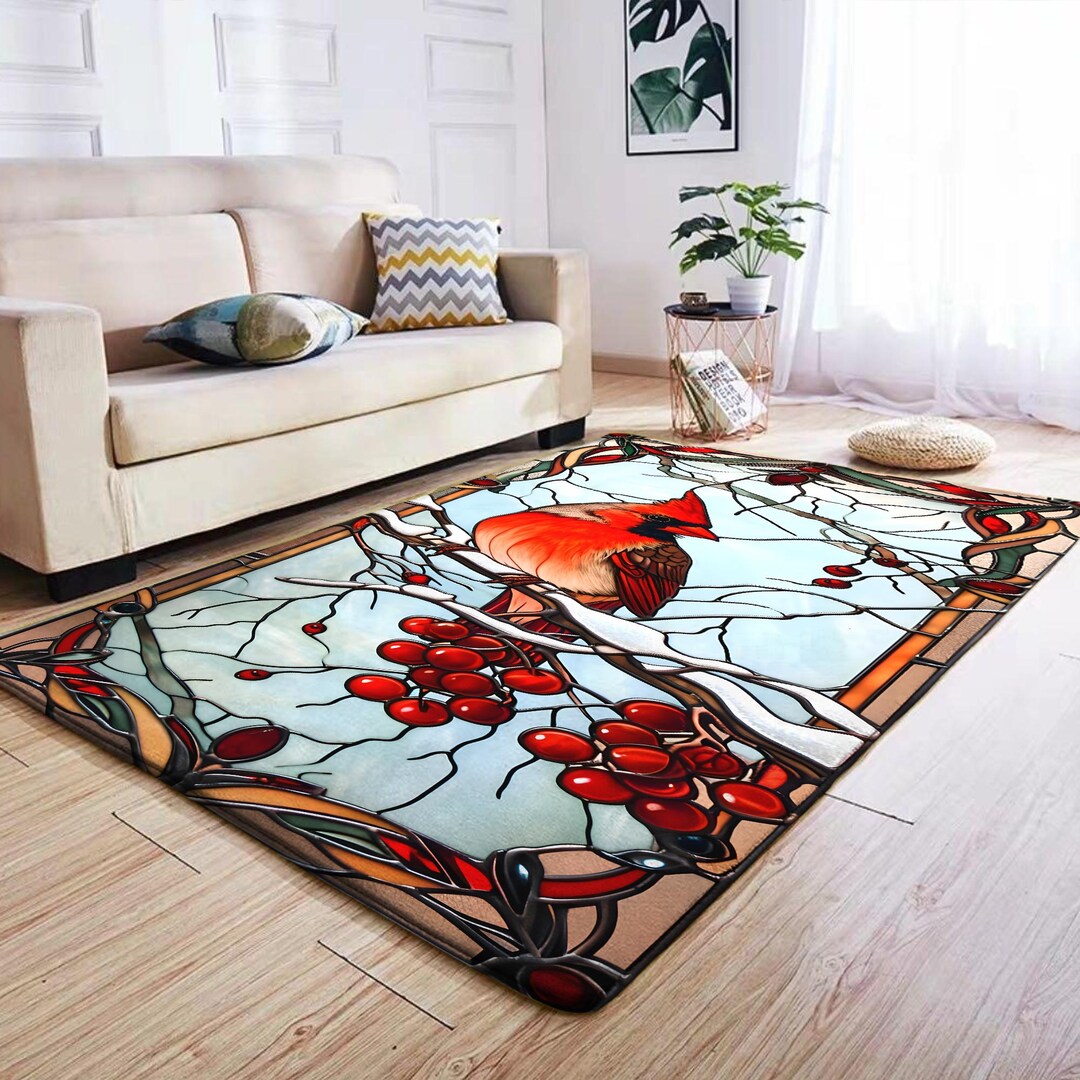 Retro Cardinal Bird Christmas Rectangle Rug, Cardinal Bird Carpet, Dark ...