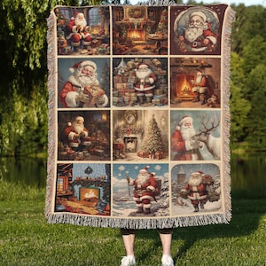 Vintage Santa Claus Collection Christmas Woven Throw Blanket, Noel Father Christmas Blanket, Christmas Woven Wall Tapestry, Christmas Gifts