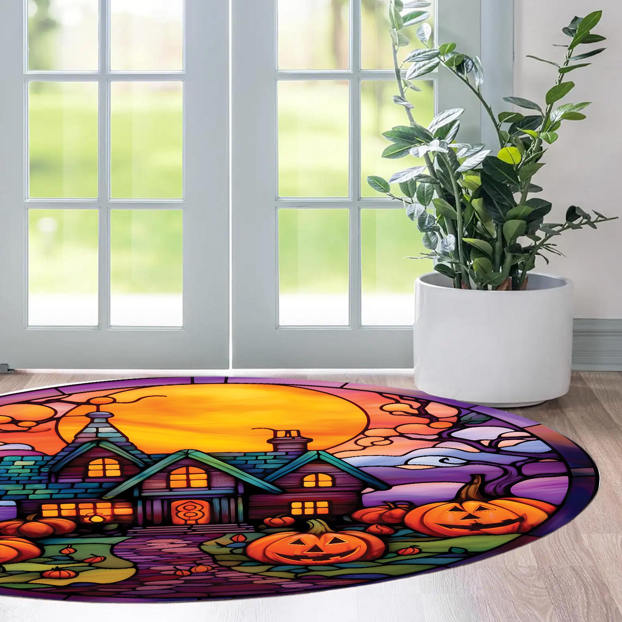 Vintage Haunted House Halloween Round Rug, Jack-o'-lantern Pumpkin ...