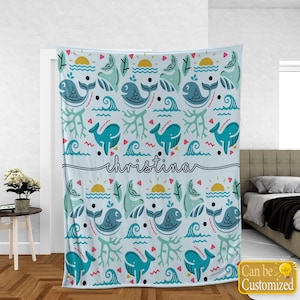 Customized Name Baby Blanket, Funny Mandala Ocean Fish Throw Blanket, Personalized Baby Nursery Decor, Christmas Baby Personalized Blanket