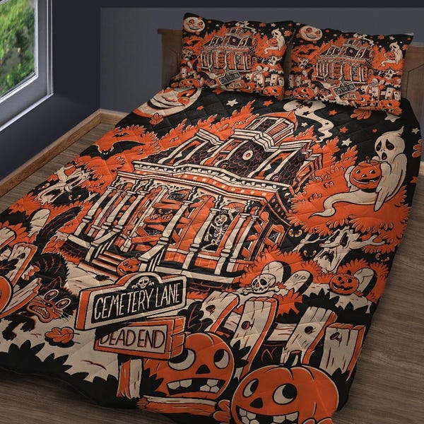 Halloween Town Quilt Bedding Set: Ghost Pumpkin Cottagecore Decor