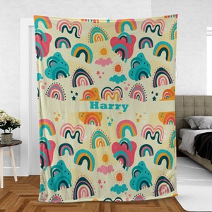Retro Customized Name Baby Blanket, Vintage Rainbow Throw Blanket, Personalized Baby Nursery Decor, Christmas Baby Personalized Blanket