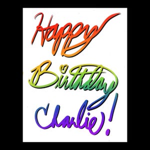 May include: A graphic design featuring the text Happy Birthday Charlie! written in a stylized, cursive font. The word Happy is in a red-to-orange gradient, Birthday is in a yellow-to-green gradient, and Charlie! is in a blue-to-purple gradient.