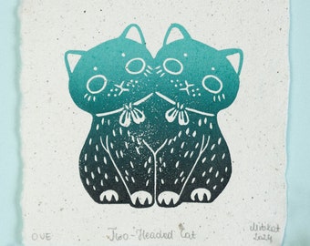 Two-Headed Cat | Alien Kitty | Color Linocut Print | Cute Original Handmade Artwork