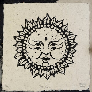 The Sun Linocut Print | Original Handprinted Artwork | Vintage Ink Style