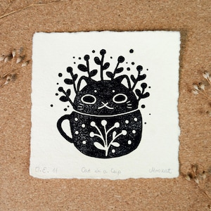 Cat in a Cup - Cute Linocut Print - Funny Black Kitty - Original Handmade Artwork