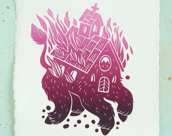 Hell House Gradient Linocut | Baba Yaga | Cute & Funny Original Handmade Artwork