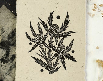 Eryngium Flower Linocut Print | Original Handprinted Artwork | Vintage Style