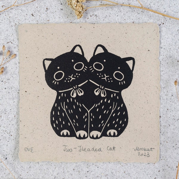 Two Headed Cat - Spooky-Cute Linocut Print - Funny Black Kitty Art