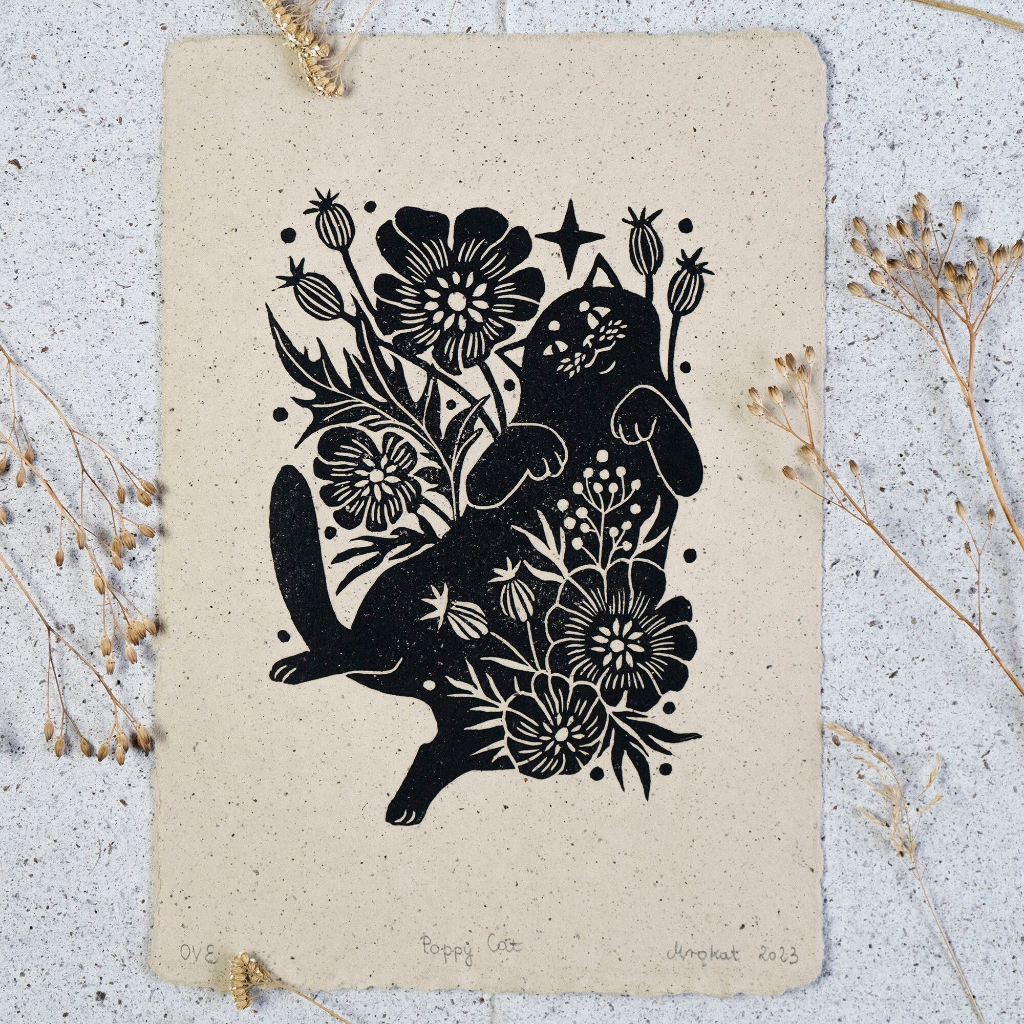Witch's Familiar Black Cat Linocut Block Print Witchy Mystical