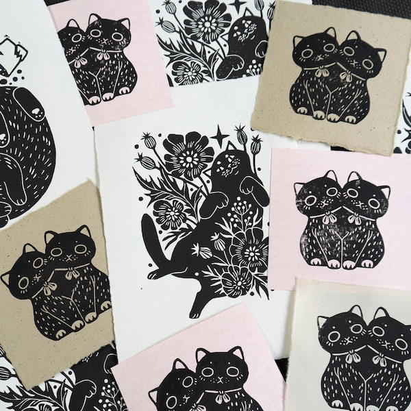 IMPREFECT Cat Linocut Prints - Cute Original Handmade Artworks - B-grade Sale - Misprints