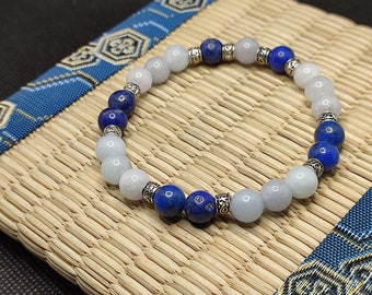 bracelet rétention d'eau lapis lazuli , aigue marine ,rond tibet