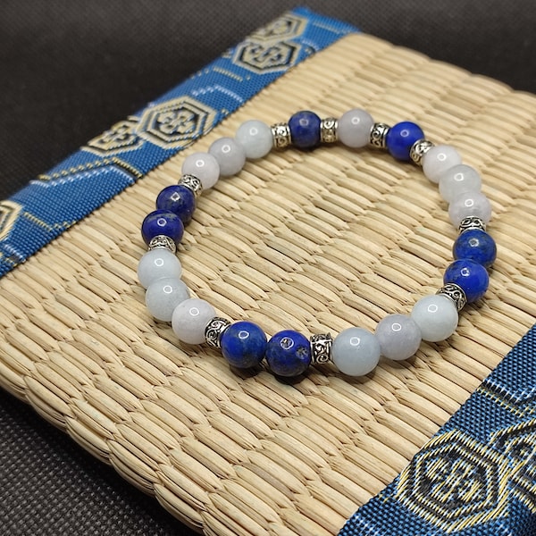bracelet rétention d'eau lapis lazuli , aigue marine ,rond tibet