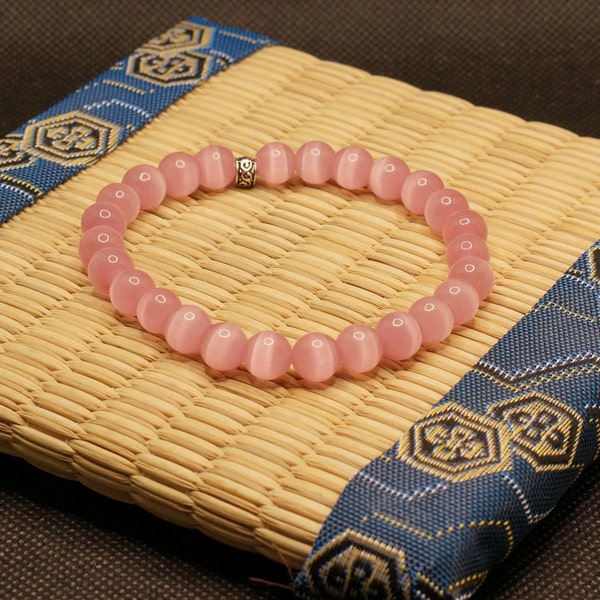 Bracelet oeil de chat rose artisanal en perles naturelles de 8 mm, bracelet pour confiance en soi