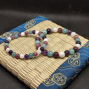 Menopause and hot flash bracelet in amethyst, chalcedony, lepidolite, and moonstone. Menopause stone.