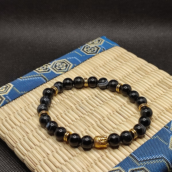 bracelet en agate onyx noire perles naturelles , bracelet confiance en soi, pierres semi précieuses véritables, Bouddha couleur or