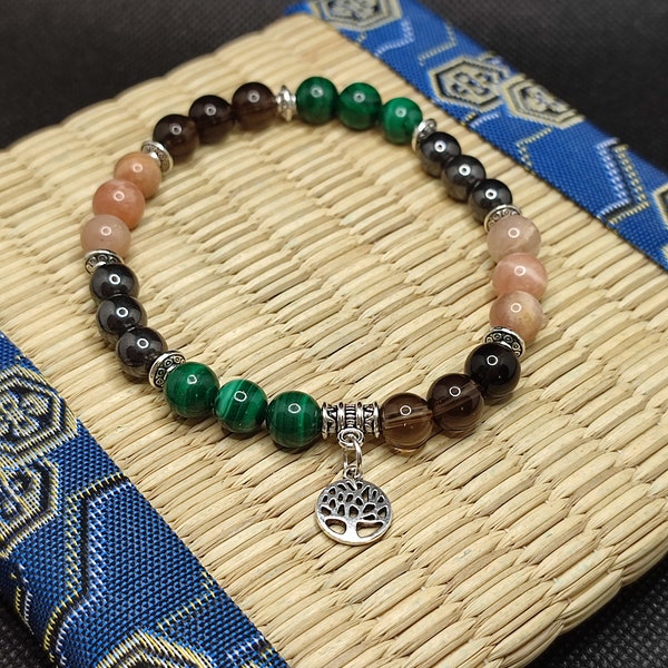 back pain bracelet, Zambian malachite bracelet, AAAAA smoky quartz, sun stone, hematite.