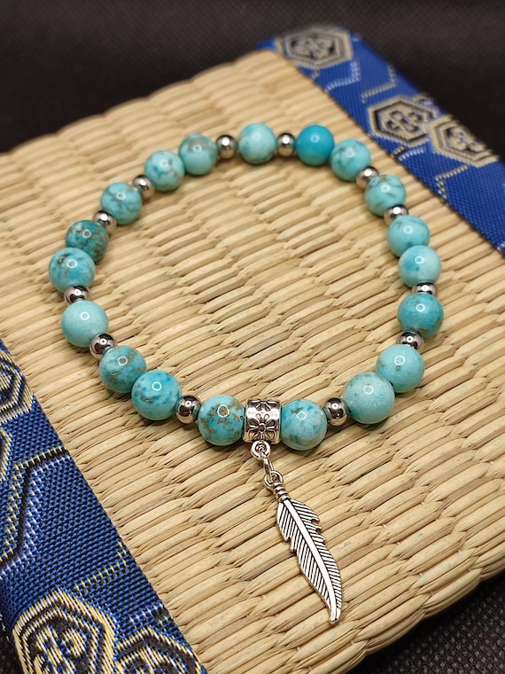 Handmade Turquoise Bracelet in Genuine Natural Pearls, Feather